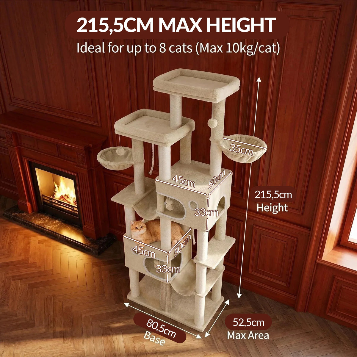 Rascador XXL para Gatos Grandes, 214 cm, Doble Hamaca