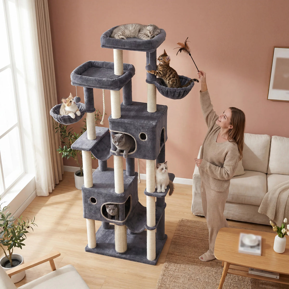 Rascador XXL para Gatos Grandes, 214 cm, Doble Hamaca