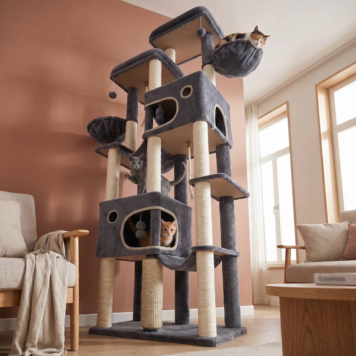 Rascador XXL para Gatos Grandes, 214 cm, Doble Hamaca