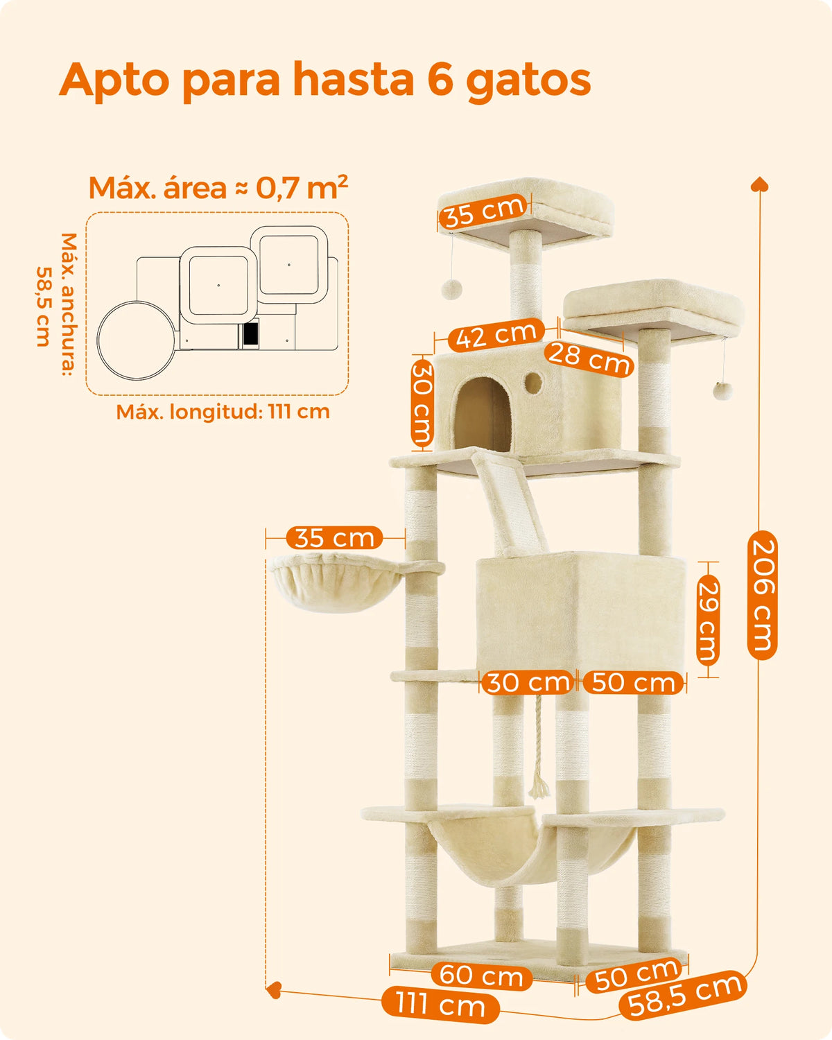 Rascador Feandrea para Gatos, 206 cm, Multinivel