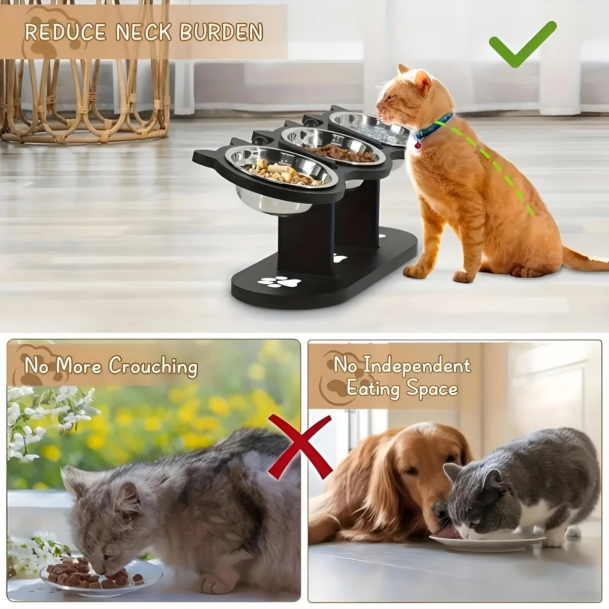 Comedero Elevado para Gatos con Soporte de Madera, Inclinacion 15°