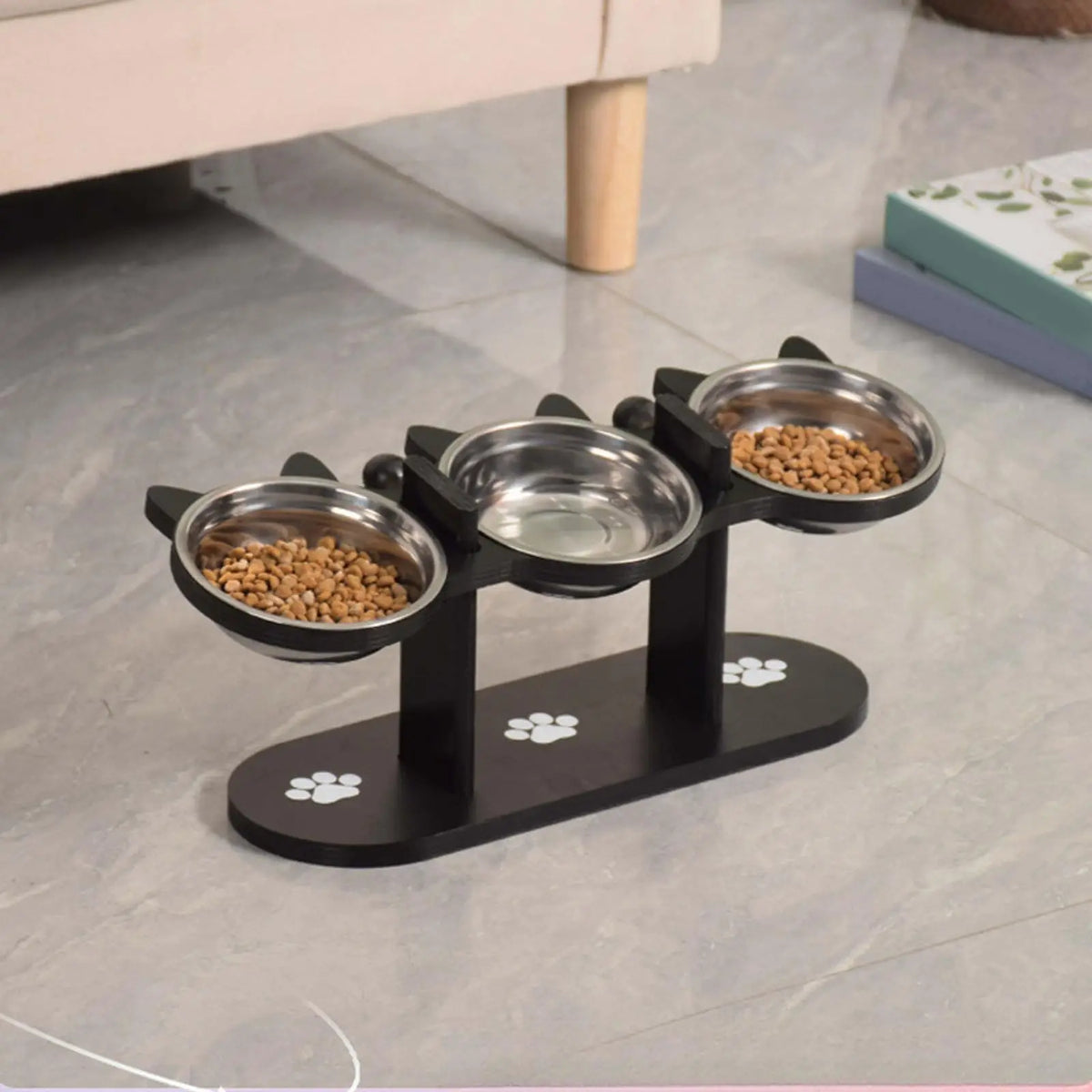 Comedero Elevado para Gatos con Soporte de Madera, Inclinacion 15°