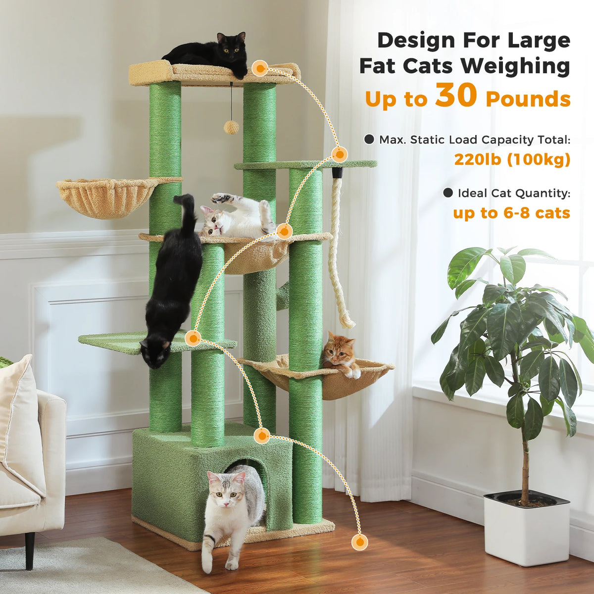 Rascador XL para Gatos Grandes con Hamaca, 170 cm