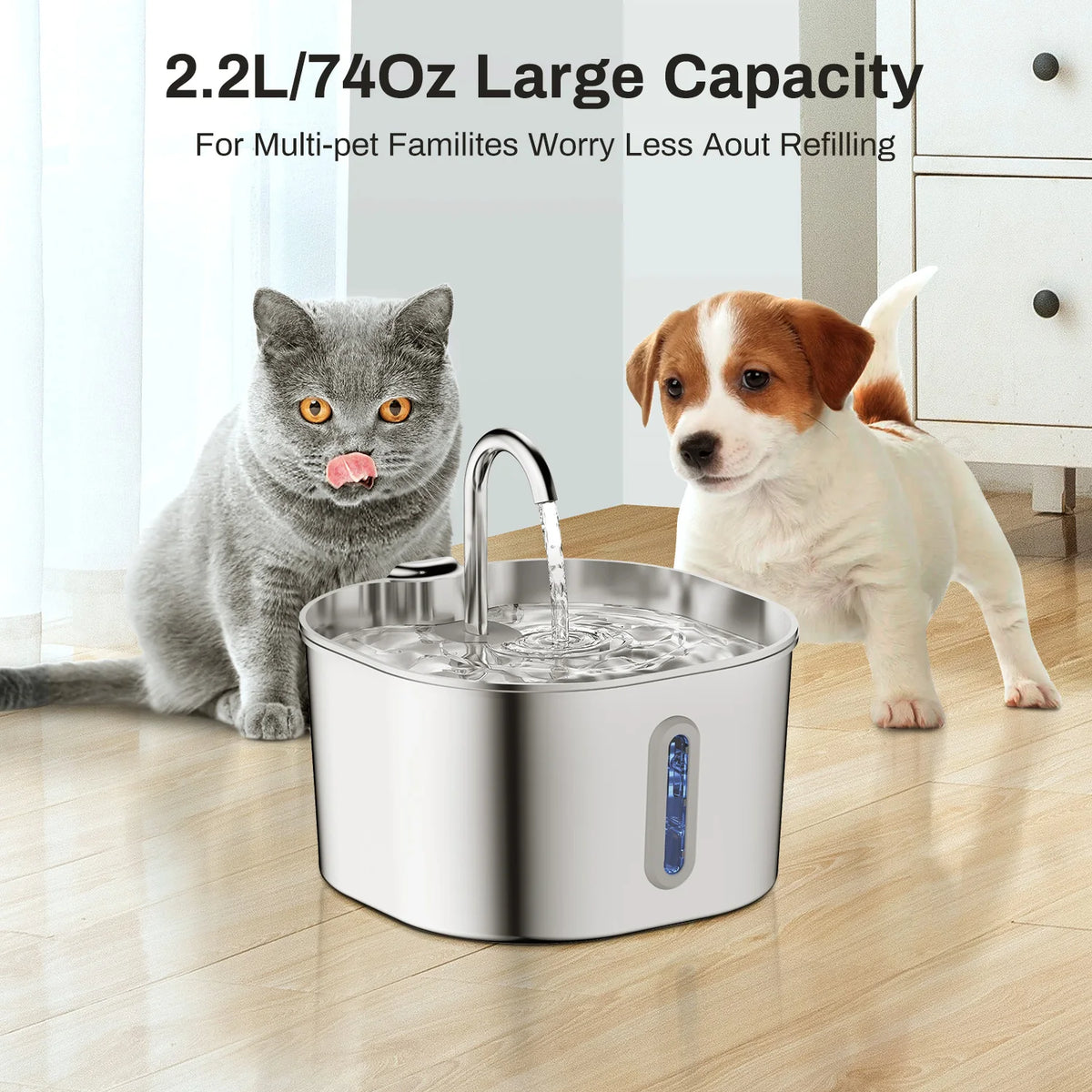 Fuente de Agua de Acero Inoxidable para Gatos, 2.2L con Filtro