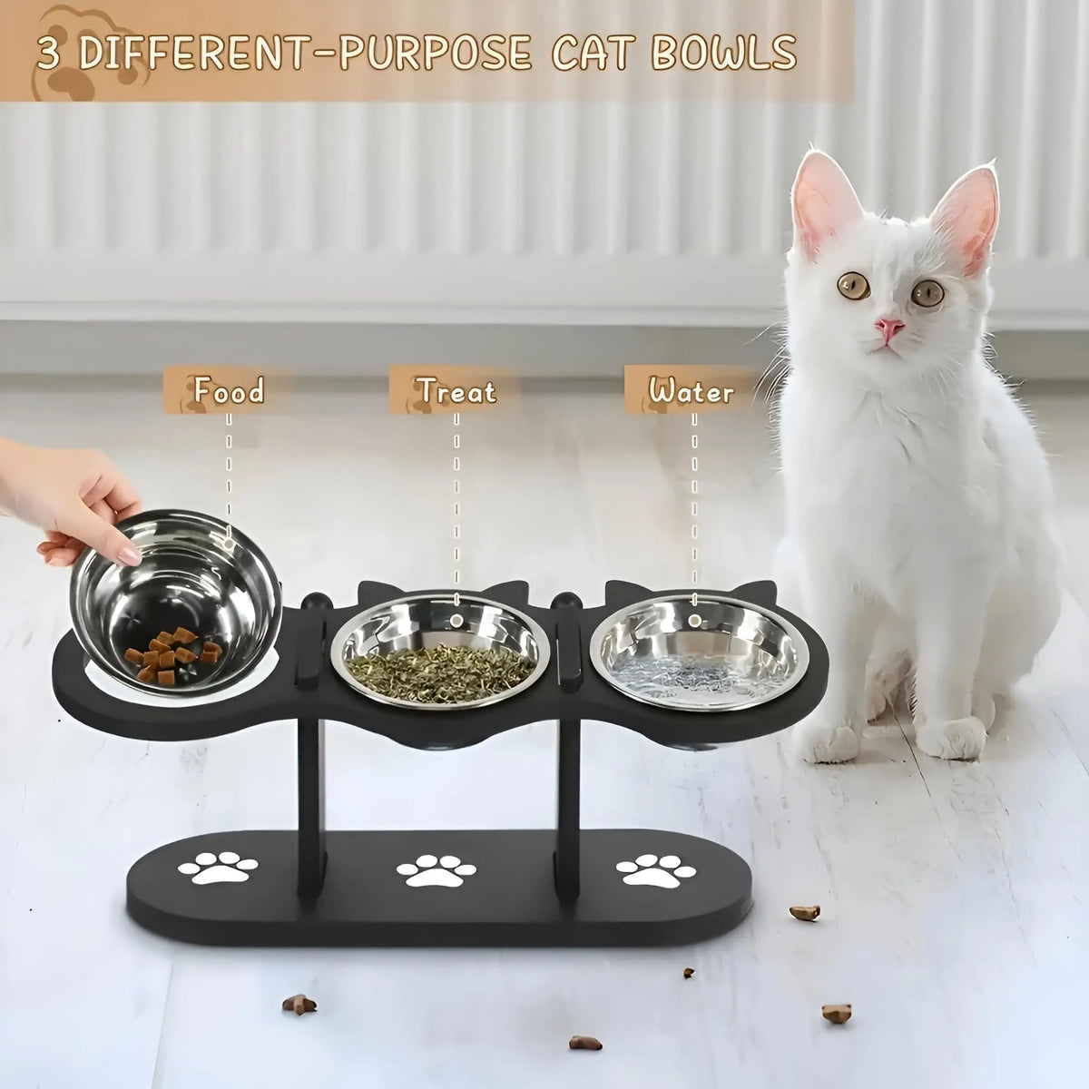 Comedero Elevado para Gatos con Soporte de Madera, Inclinacion 15°