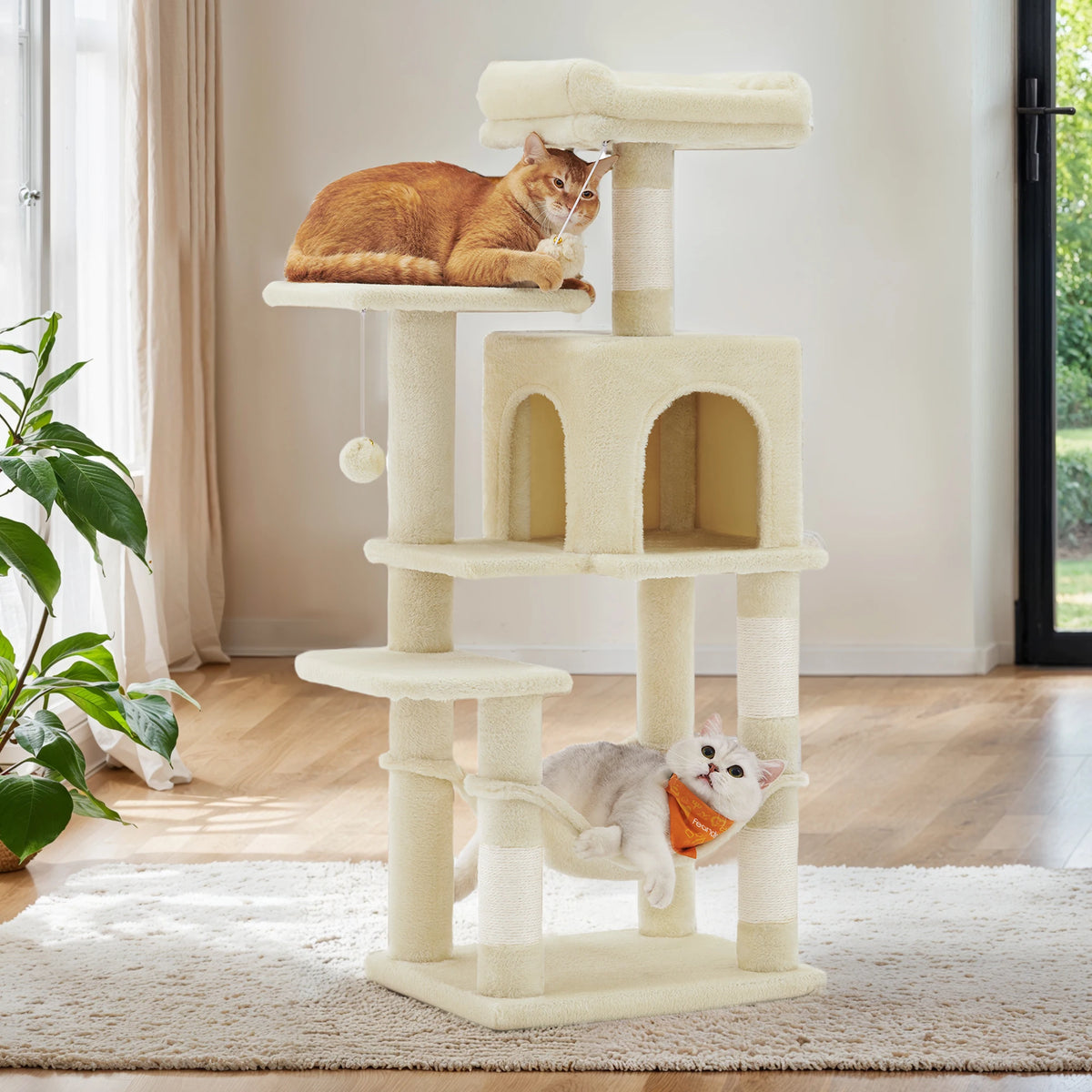 Rascador Feandrea 112 cm para Gatos, con Hamaca, Cueva y 2 Plataformas