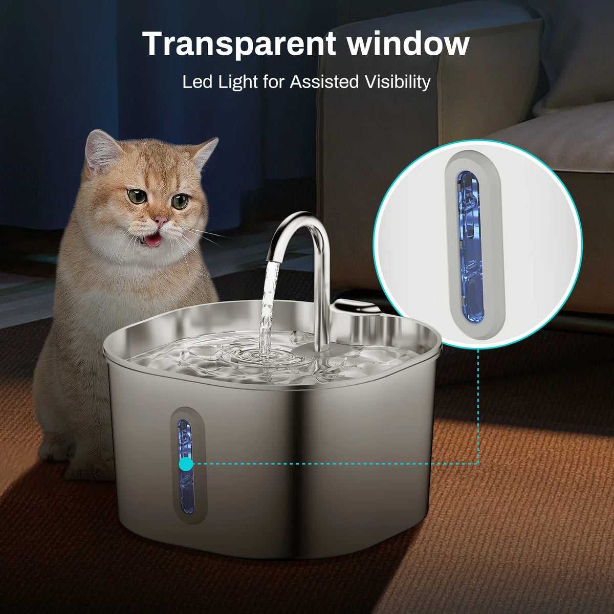Fuente de Agua de Acero Inoxidable para Gatos, 2.2L con Filtro