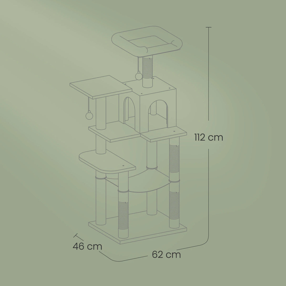 Rascador Feandrea 112 cm para Gatos, con Hamaca, Cueva y 2 Plataformas