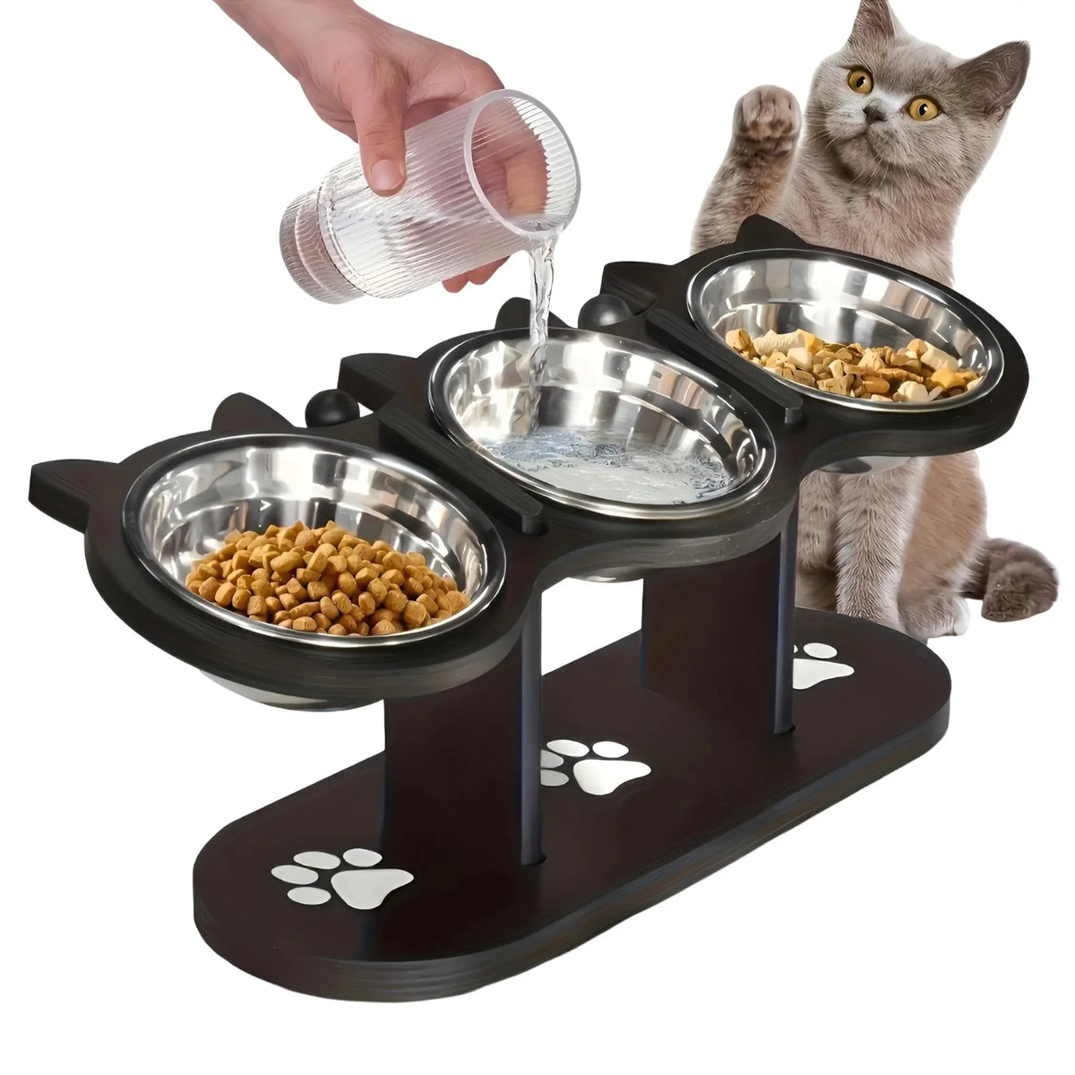 Comedero Elevado para Gatos con Soporte de Madera, Inclinacion 15°