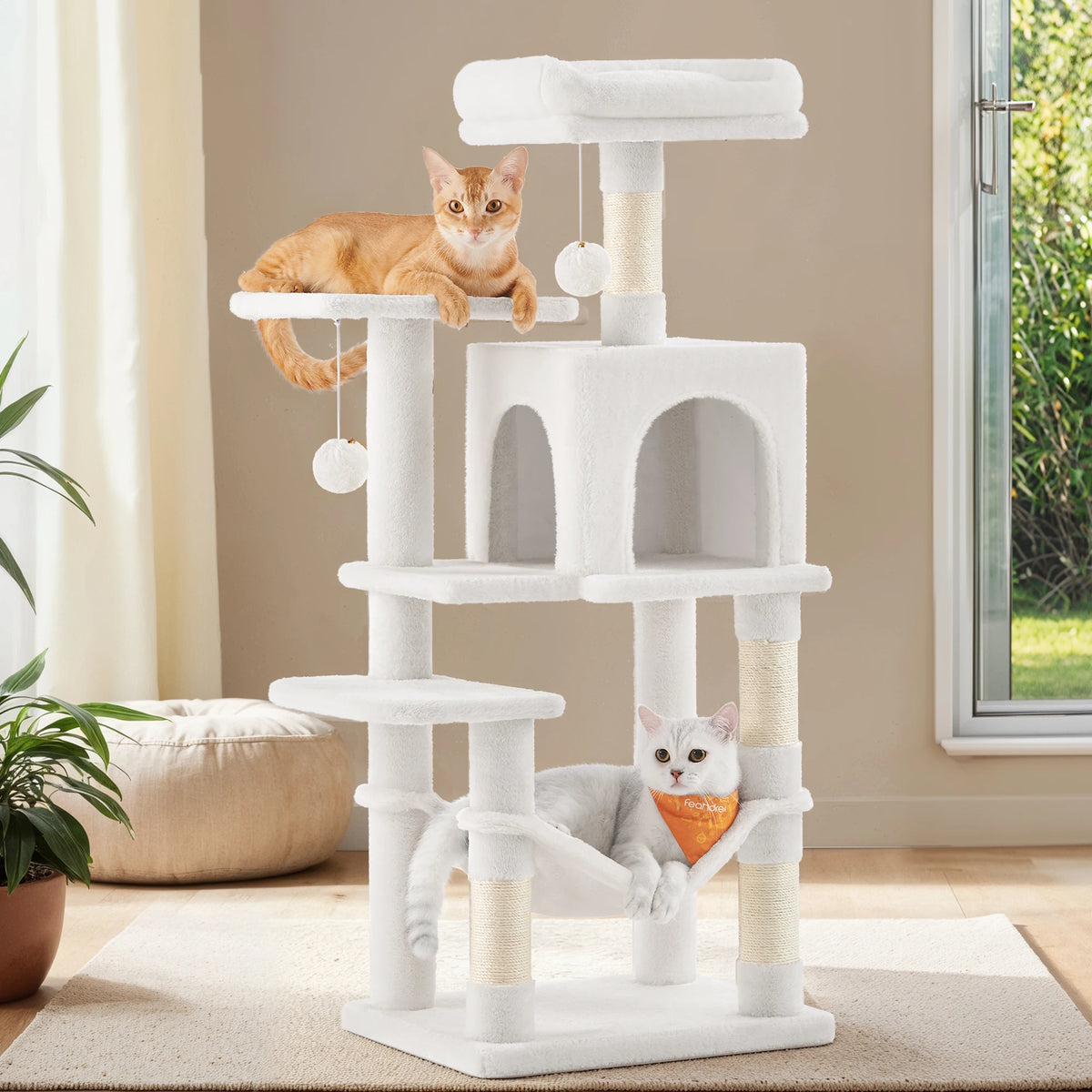 Rascador Feandrea 112 cm para Gatos, con Hamaca, Cueva y 2 Plataformas