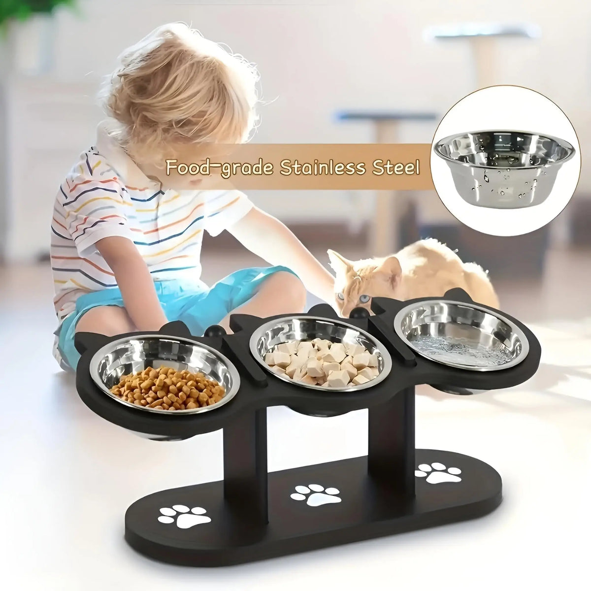 Comedero Elevado para Gatos con Soporte de Madera, Inclinacion 15°