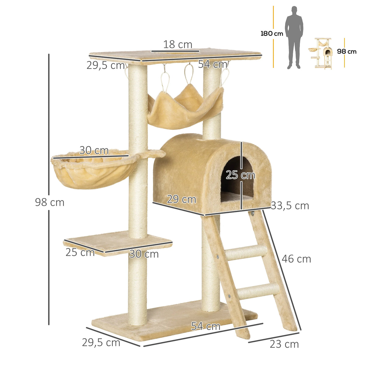Rascador PawHut para Gatos, 98 cm, Multinivel con Caseta y Hamaca