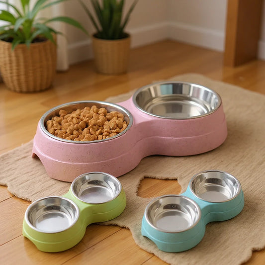 Comedero Doble de Acero Inoxidable para Perros y Gatos