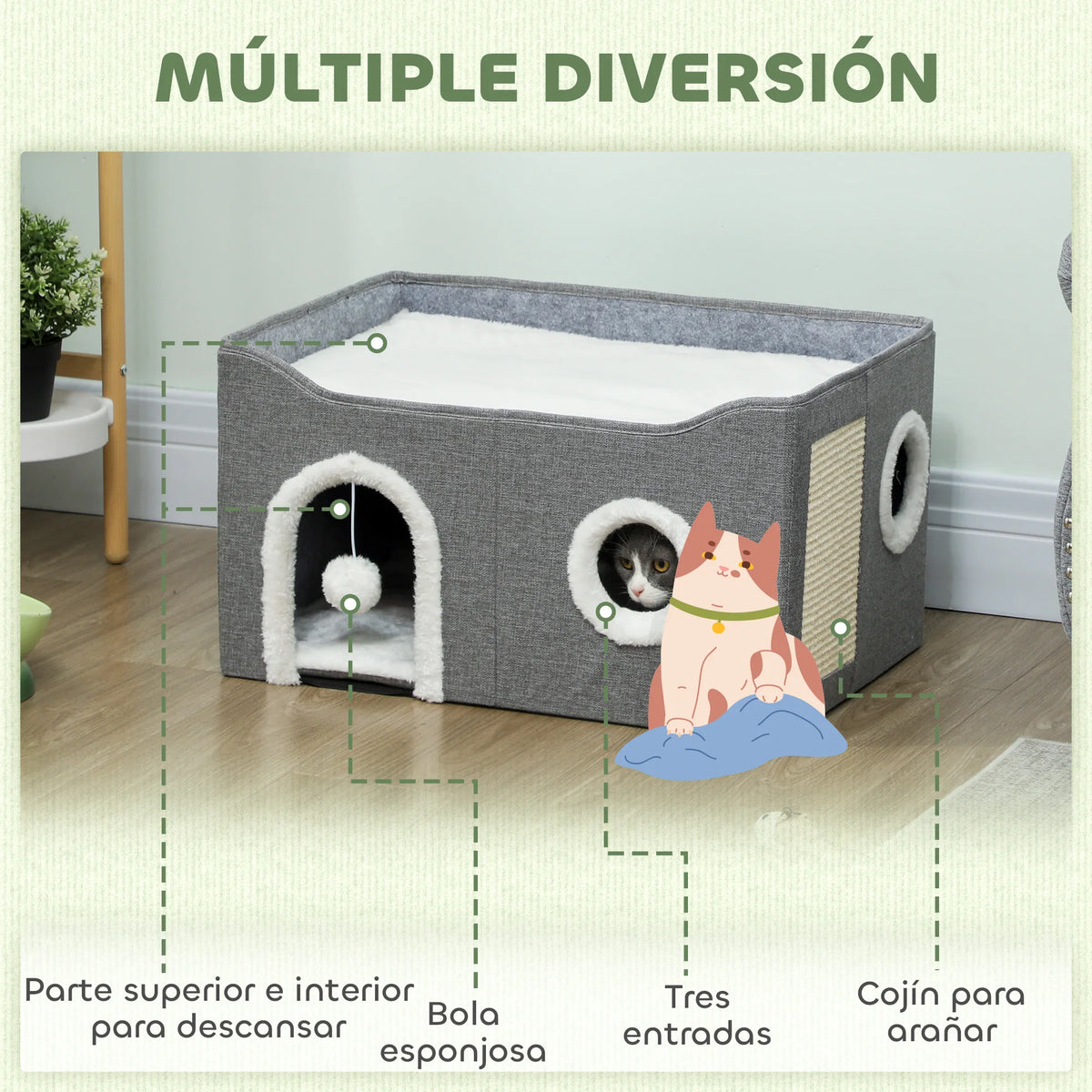 Caseta Plegable PawHut para Gatos con Rascador, 3 Entradas
