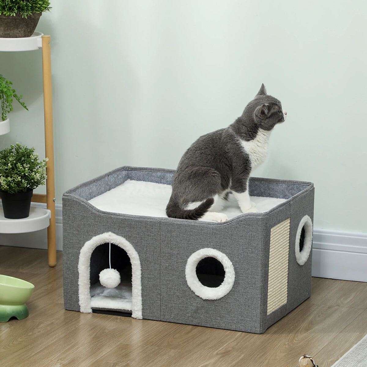 Caseta Plegable PawHut para Gatos con Rascador, 3 Entradas