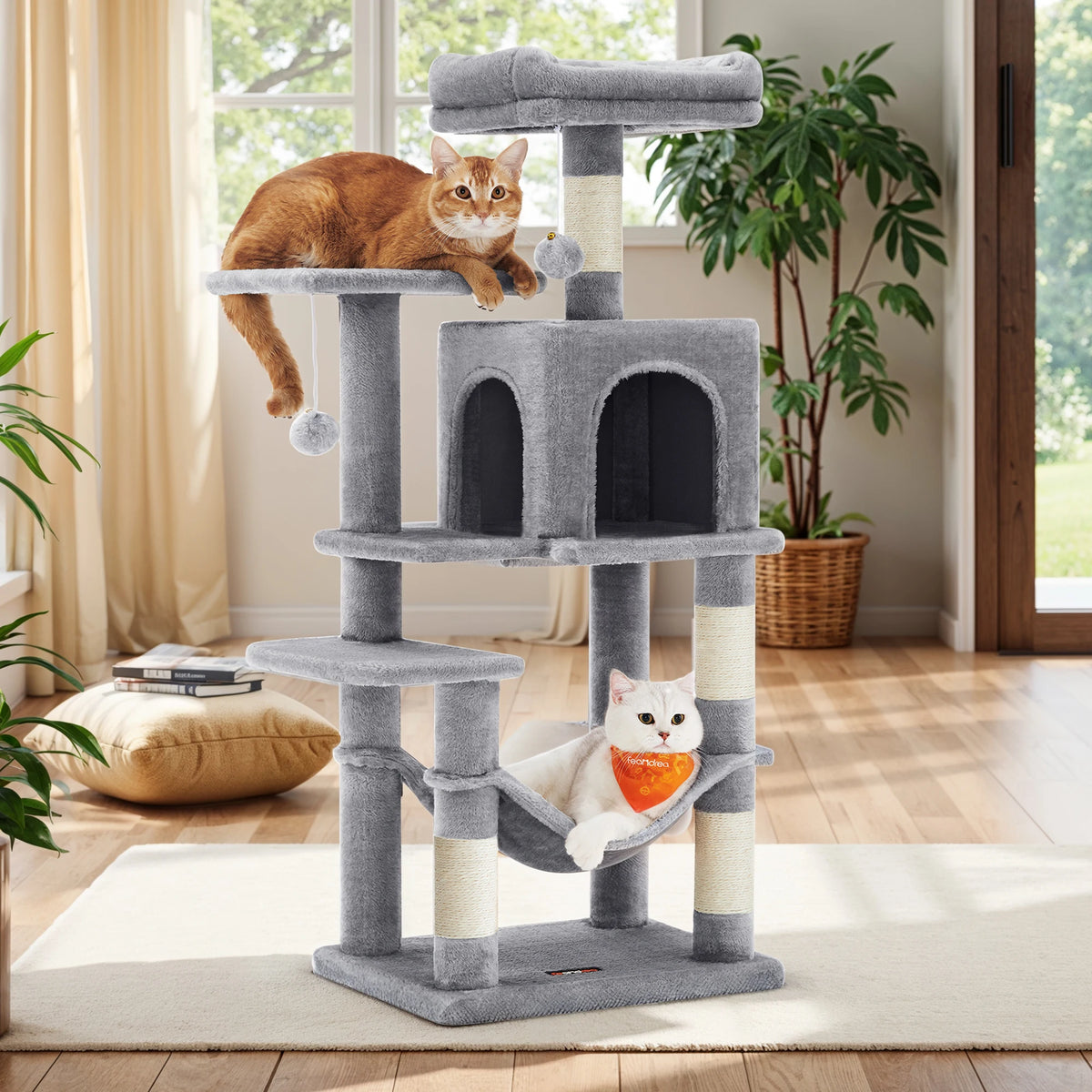 Rascador Feandrea 112 cm para Gatos, con Hamaca, Cueva y 2 Plataformas
