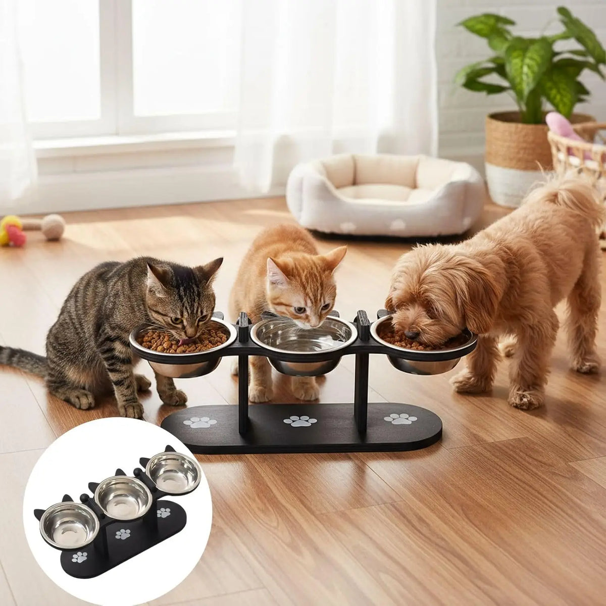 Comedero Elevado para Gatos con Soporte de Madera, Inclinacion 15°