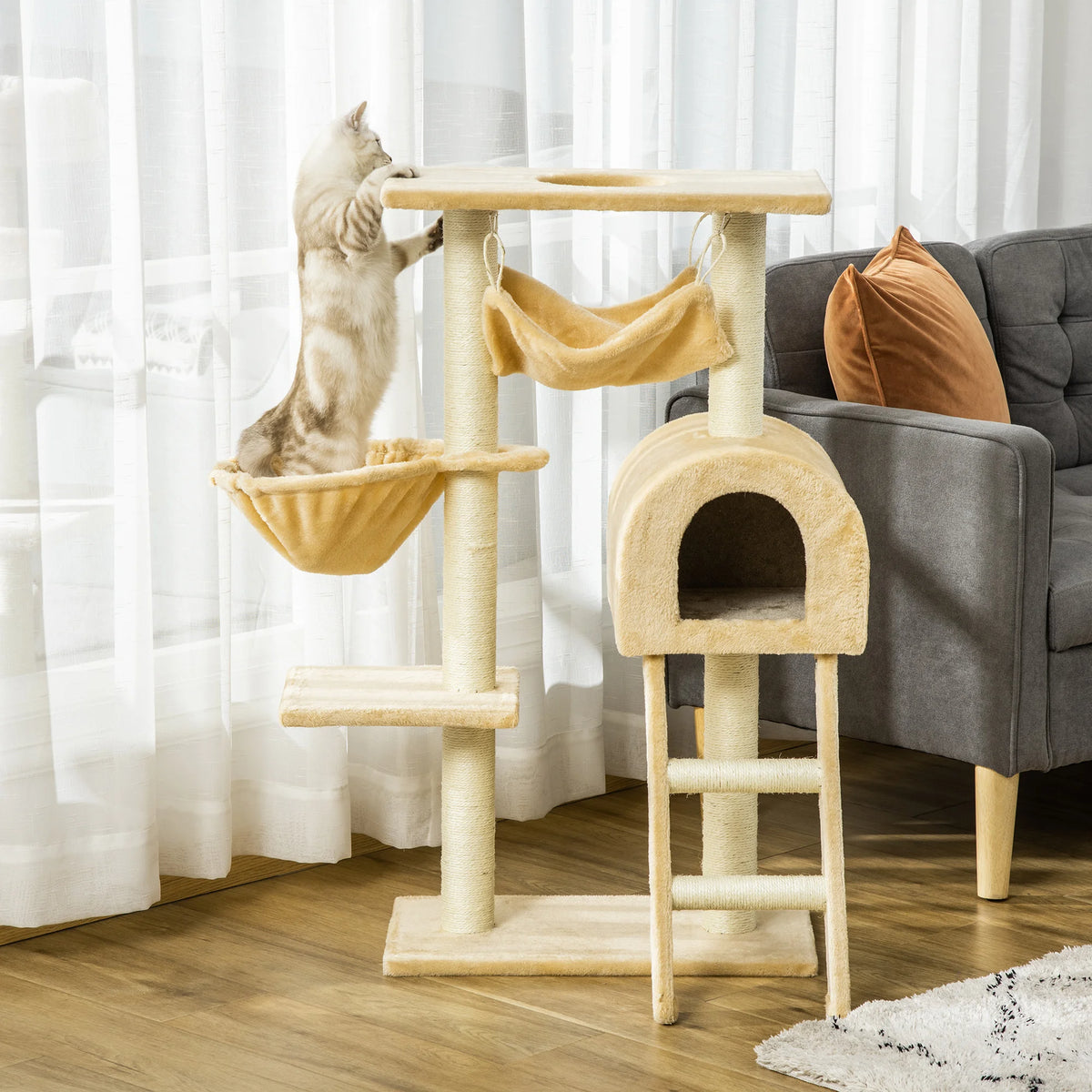 Rascador PawHut para Gatos, 98 cm, Multinivel con Caseta y Hamaca