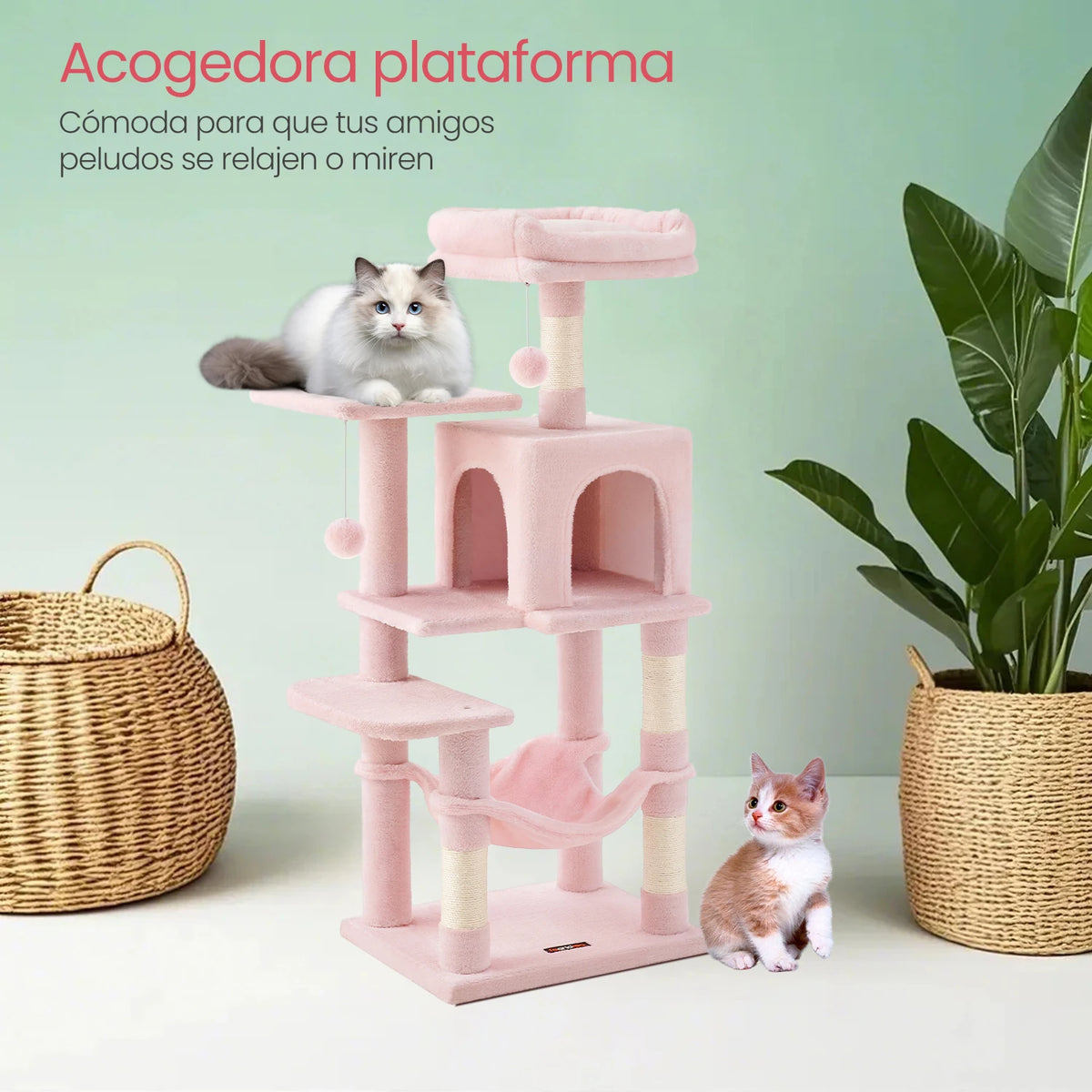 Rascador Feandrea 112 cm para Gatos, con Hamaca, Cueva y 2 Plataformas