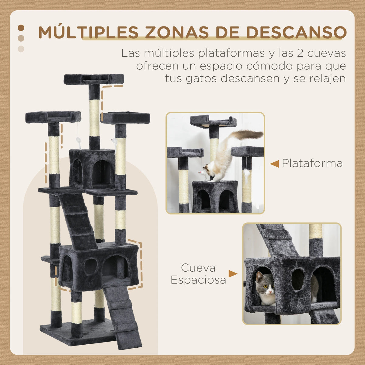 PawHut Árbol Rascador para Gatos Grande 49x49x173 cm con Múltiples Niveles