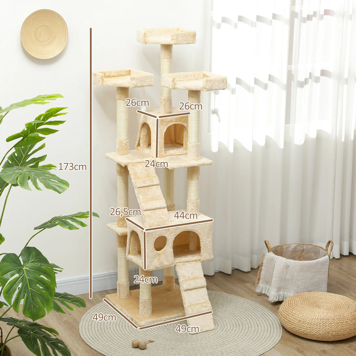 PawHut Árbol Rascador para Gatos Grande 49x49x173 cm con Múltiples Niveles